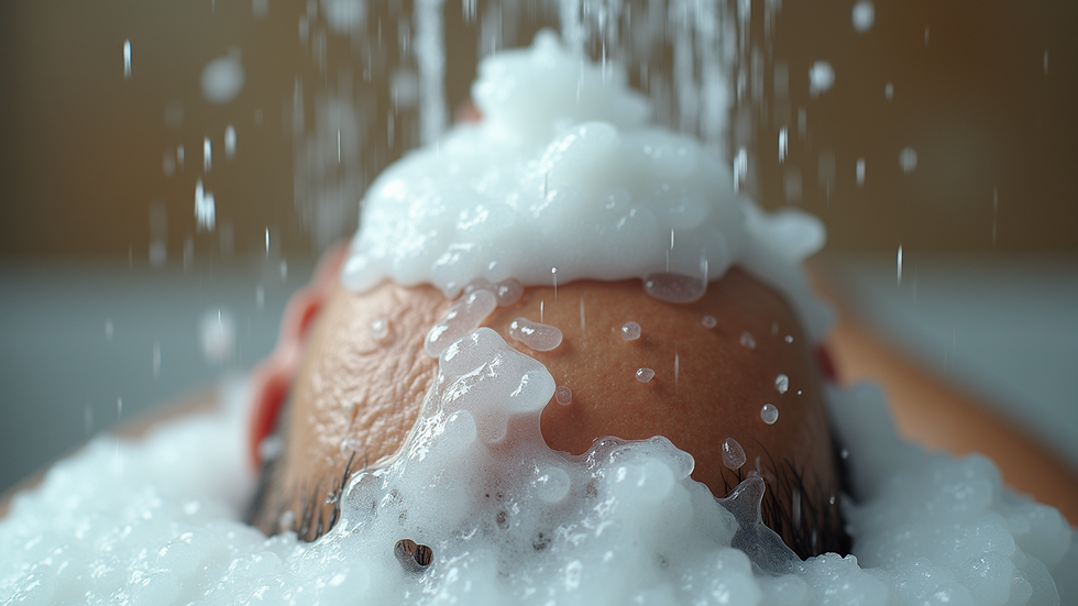 Eye-level view of shampoo lather on scalp during hair wash