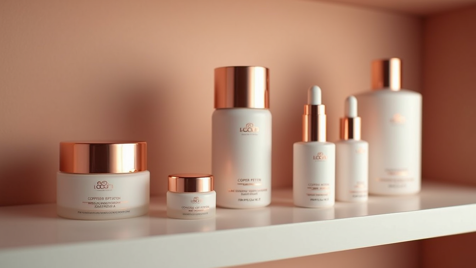 Eye-level view of a skincare shelf with various copper peptide products