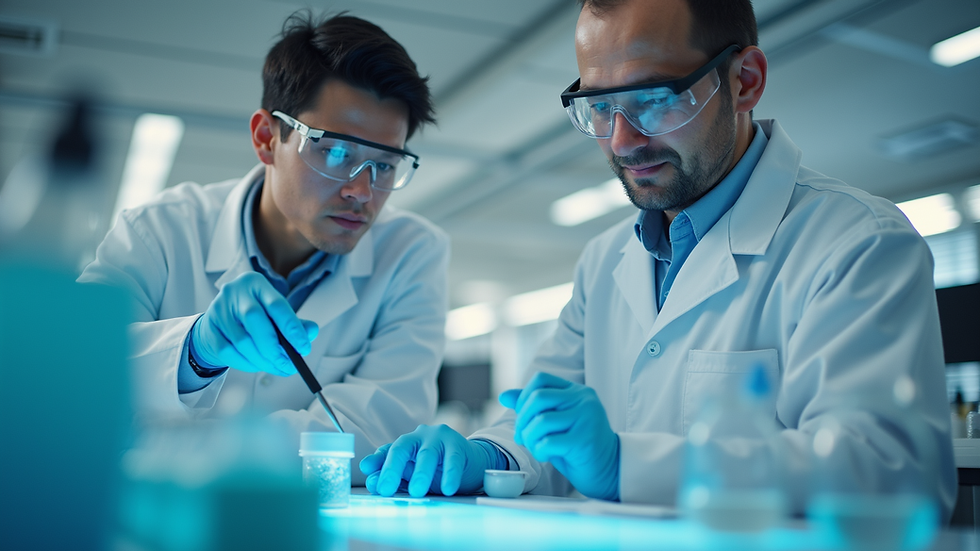 Eye-level view of scientist working with peptide samples in a laboratory