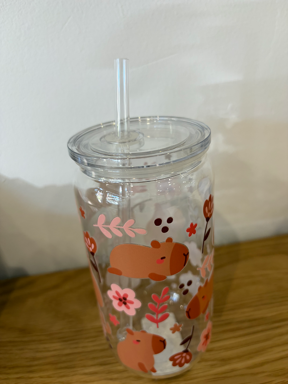 Cue capybara plastic or glass libbey cup, ideal for cold drinks in the summer