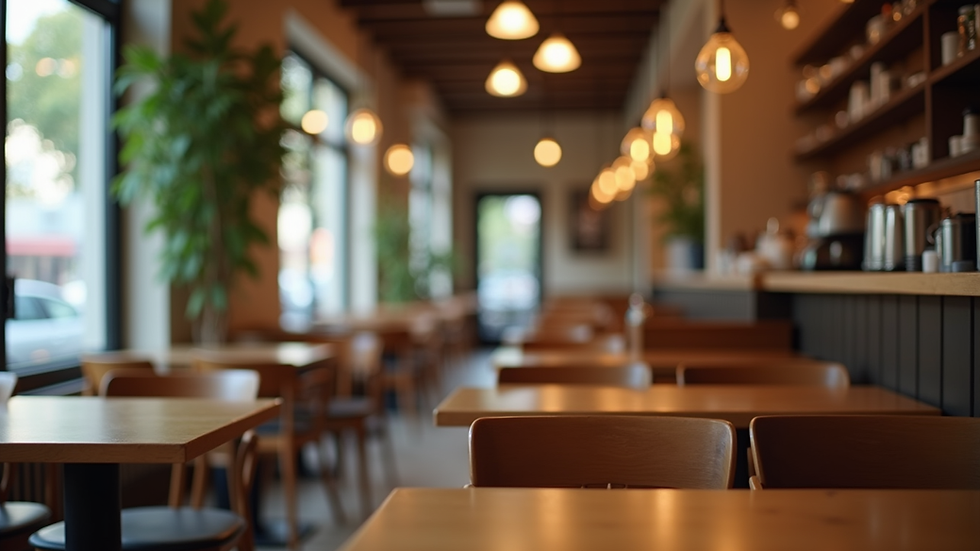 Eye-level view of a cozy coffee shop interior with wooden furniture