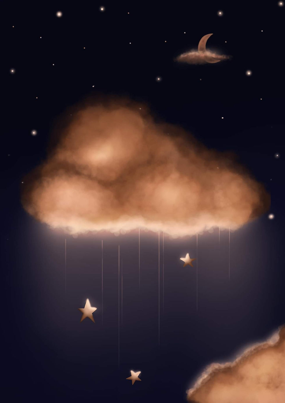 Illustration (dessin) d'un nuage lumineux ainsi qu'une lune en arrière plan dans un ciel étoilée de nuit