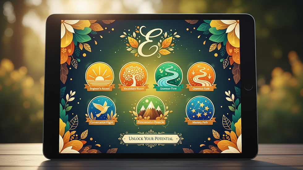 Close-up view of a digital platform showing English learning modules