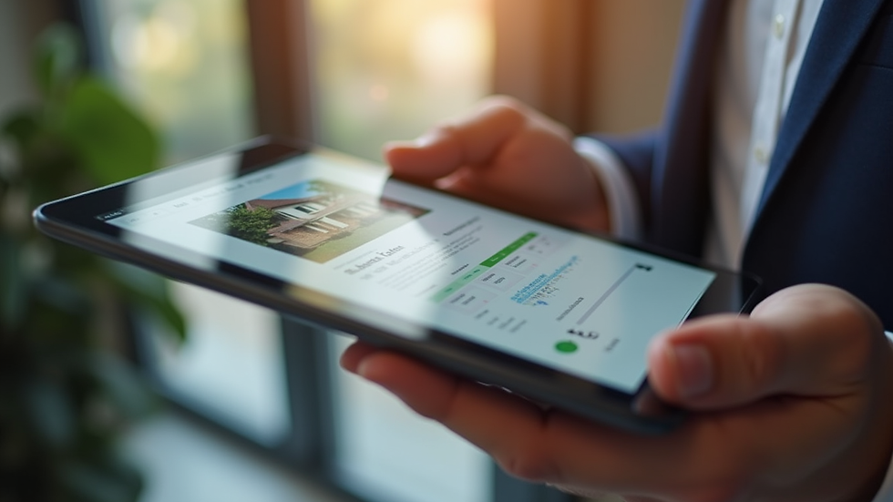 Close-up view of a real estate agent showing a property listing on a tablet