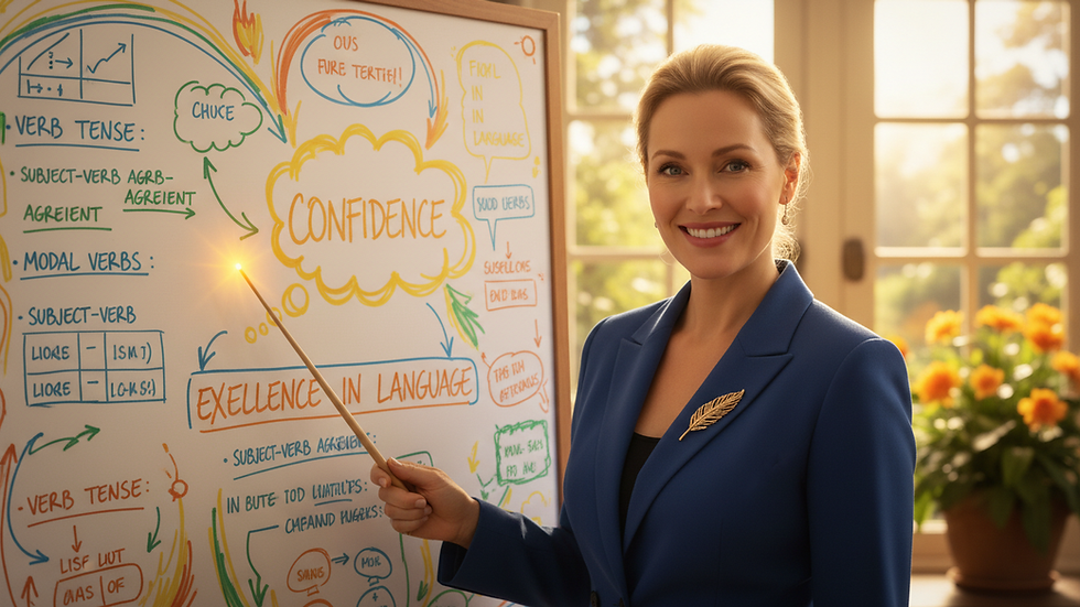 Close-up of a teacher explaining English grammar on a whiteboard