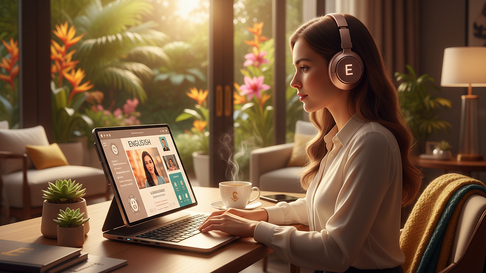 Plano medio de una persona estudiando inglés en línea con auriculares y computadora
