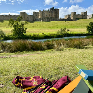 Harry Potter wands rest upon a Gryffindor scarf in the pastures beyond Alnwick Castle
