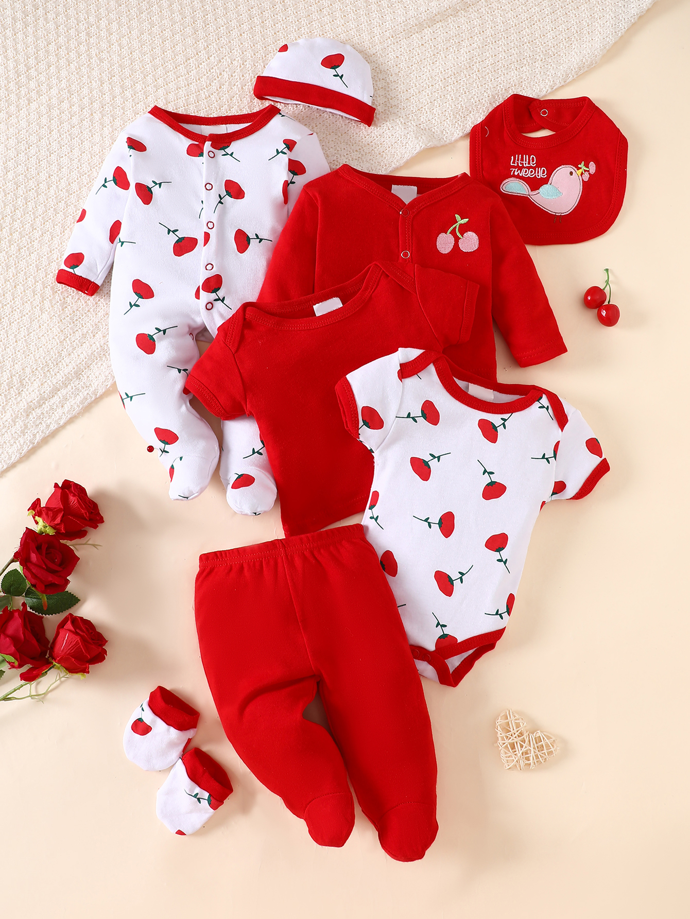 8-Piece Baby Romper Set | 100% Cotton | Soft & Breathable | Red Cherry Print | F