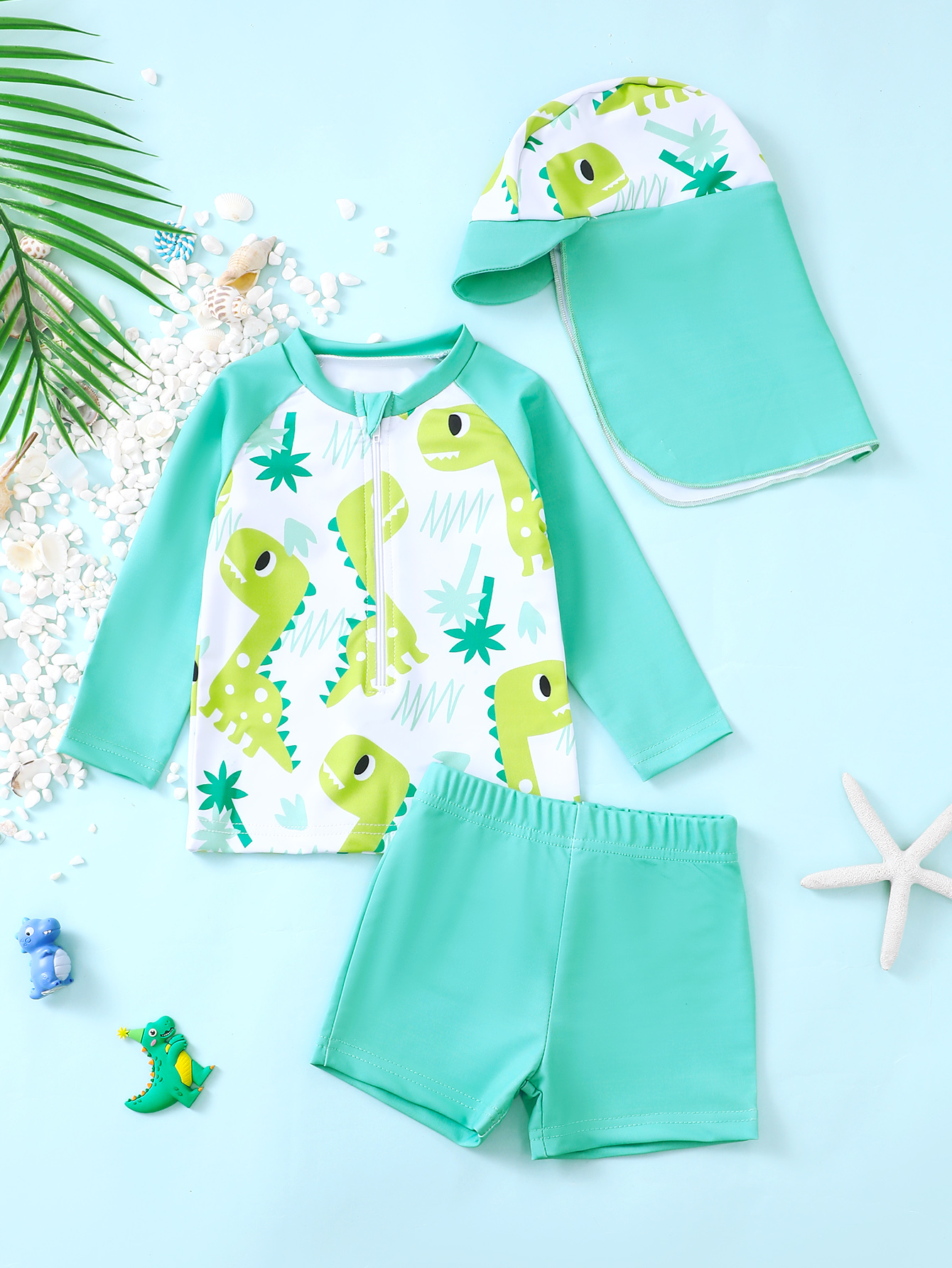 Infant Boys Long Sleeve Swimwear Set with Shorts And Hat Toddler Waterwear Outfi