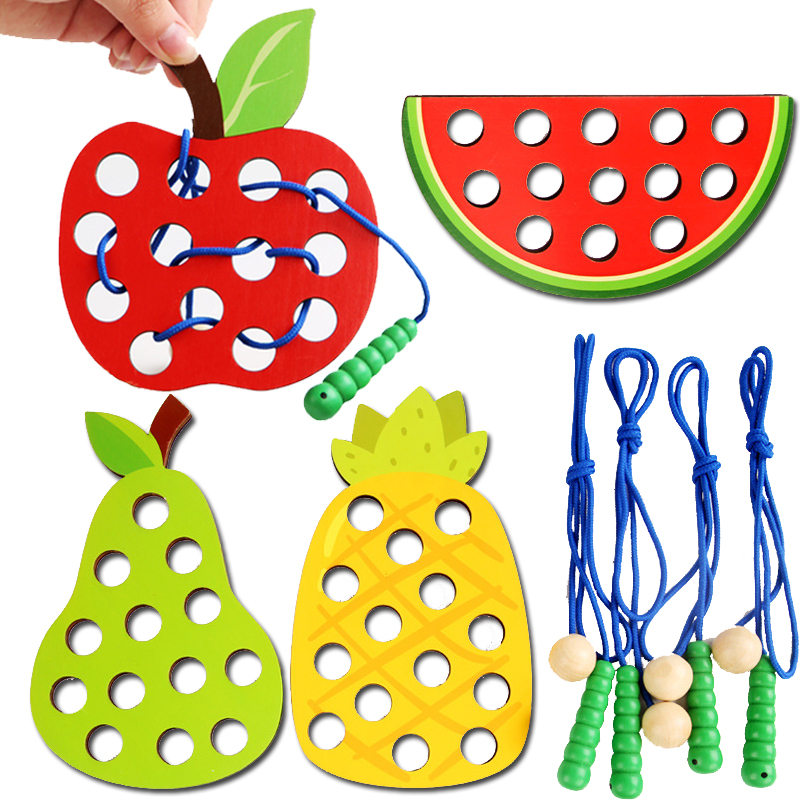 Wooden Lacing Toy Educational Fruits Threading Activity Puzzles Learning Fine Mo