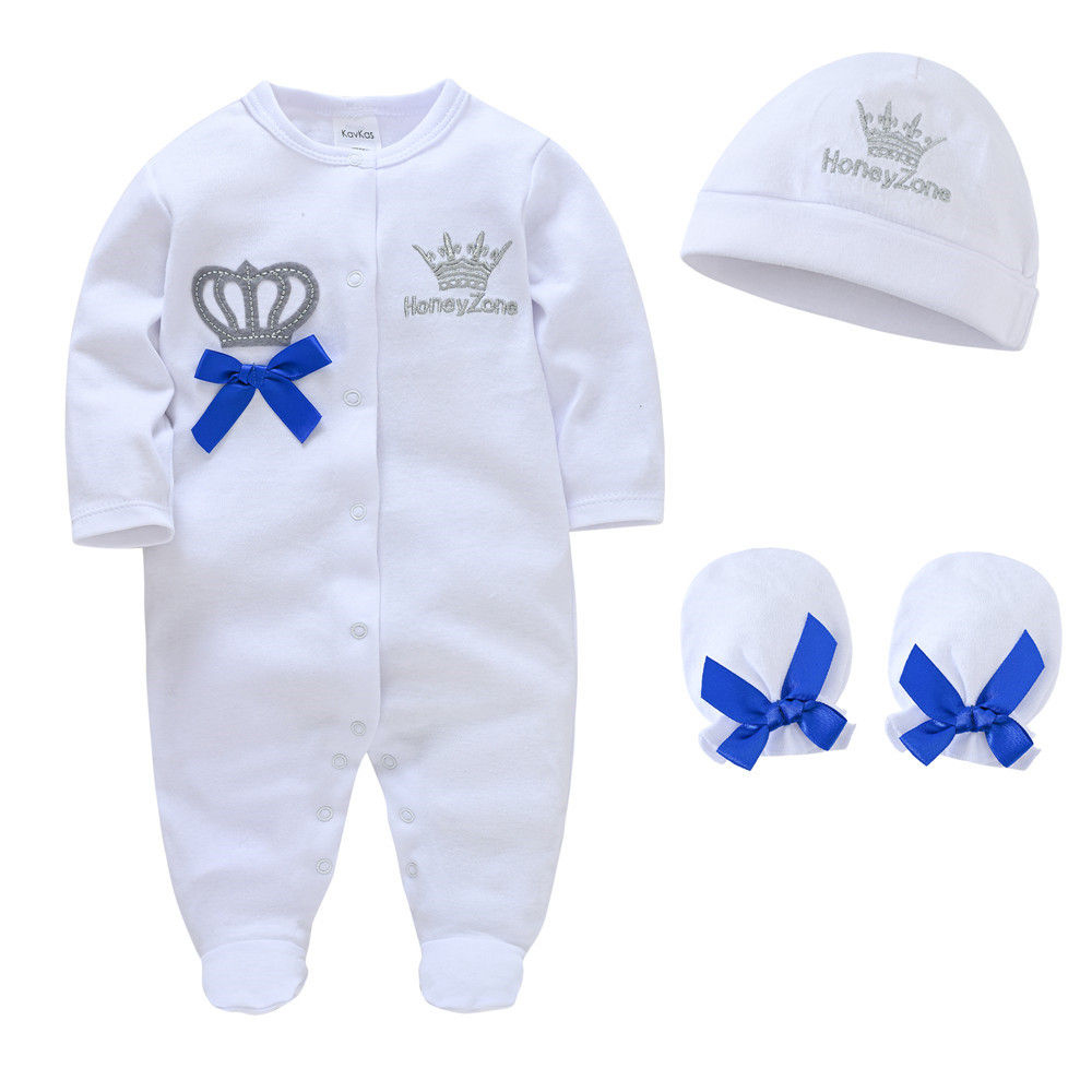 Newborn Baby Boys Romper Royal Crown Prince 100% Cotton Clothing Set with Cap Gl