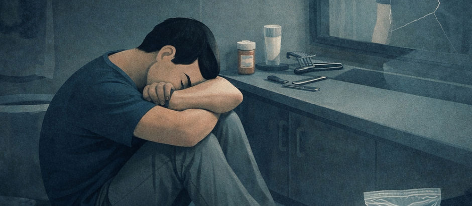 Digital illustration of a depressed young man curled up on a bathroom floor beside drugs, pills and a cracked mirror, representing mental illness, addiction, dissociation, and emotional distress.