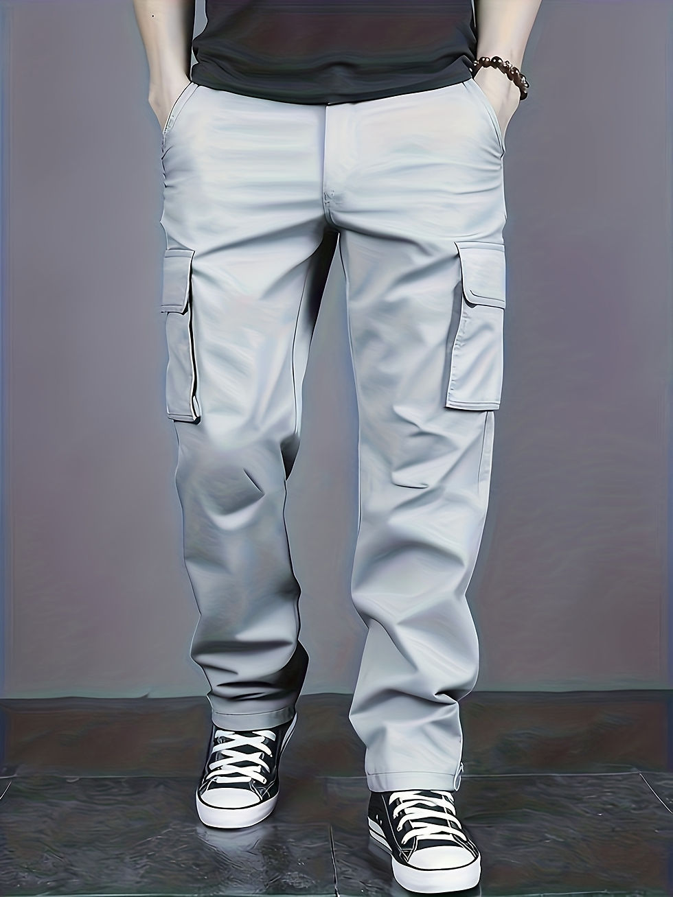 Thumbnail: Men's casual multi pocket work pants with loose fit and drawstring waistband sui