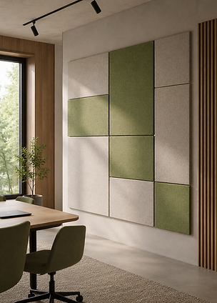 ECOBOX Contour modular acoustic panels in green and neutral tones installed in a modern office meeting space