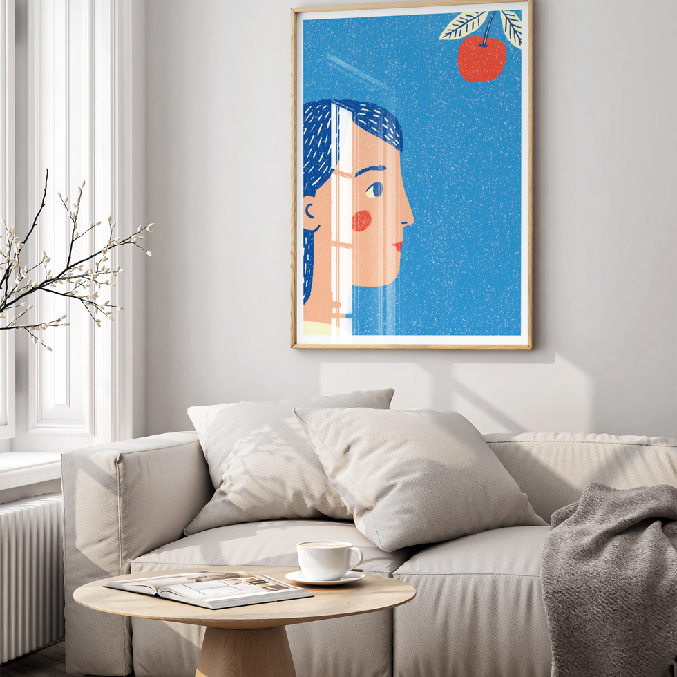 Eve and The Apple, red Riso style poster print, contemporary female poster