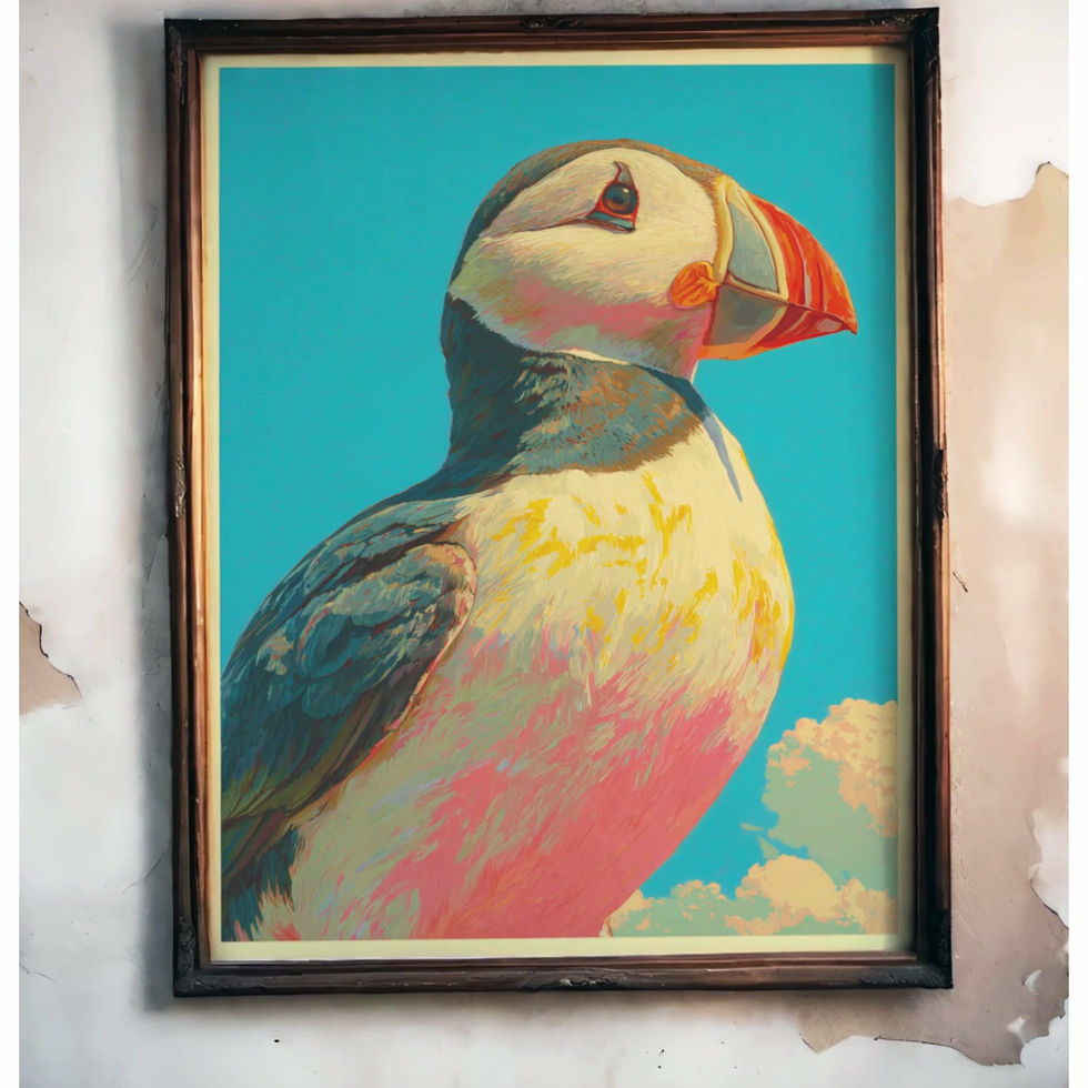video of puffin art print in a frame