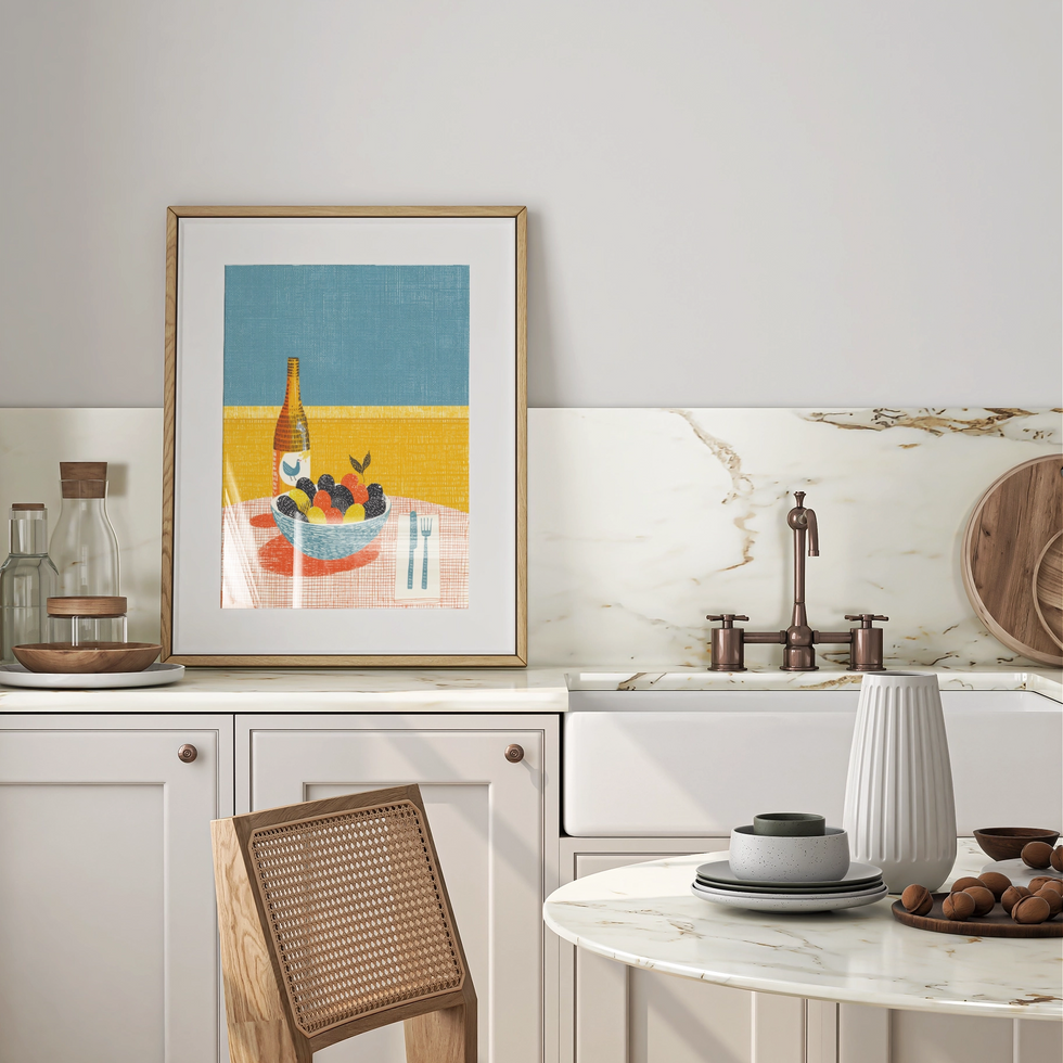 meze style kitchen wall poster with olives and beer
