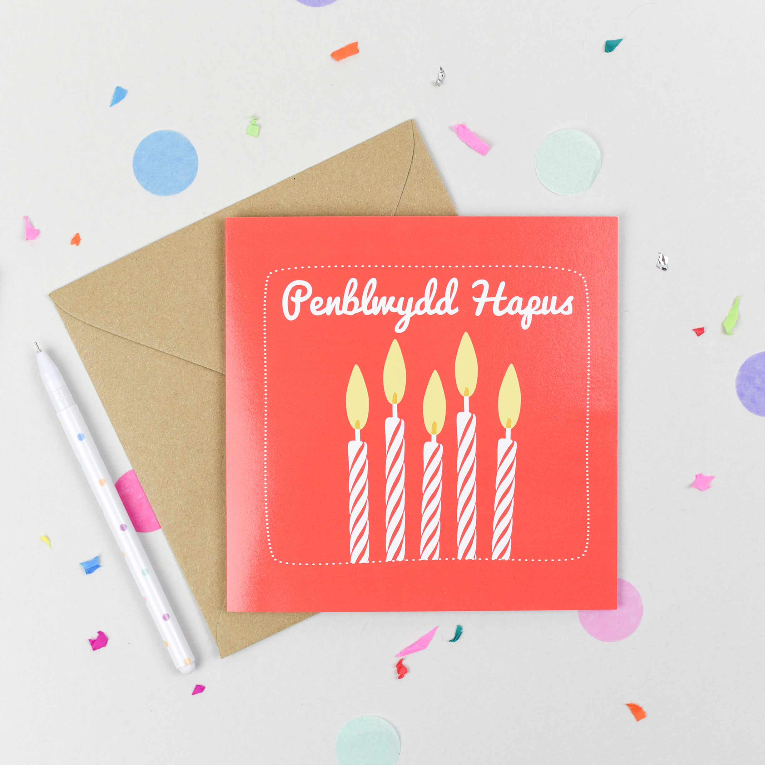 Penblwydd Hapus Red Birthday Candle -Birthday Card