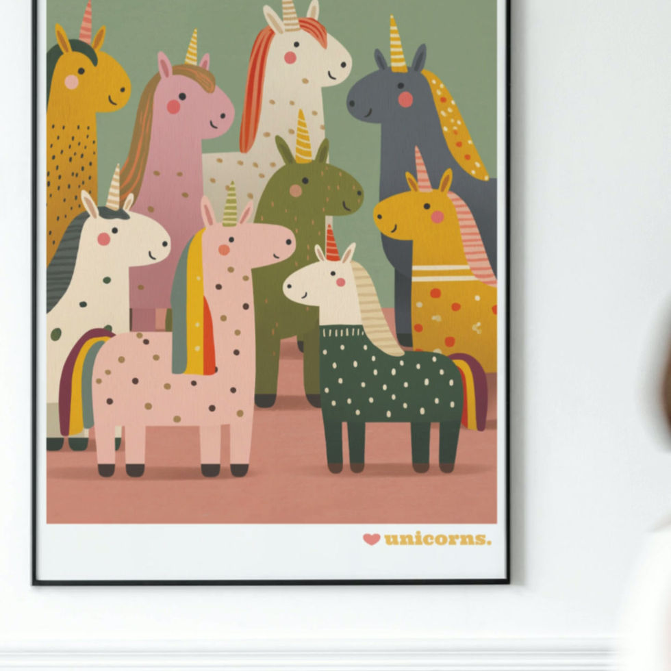 unicorn friends wall print, a mix of illustrated colourful unicorns wall art