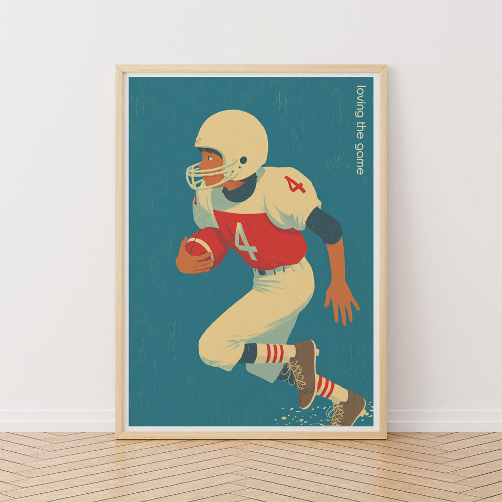 american footballer, young boy illustrated poster with the ball in hand
