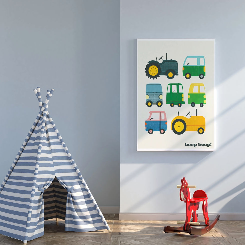 7 colourful vehicles, retro kids art poster in a frame