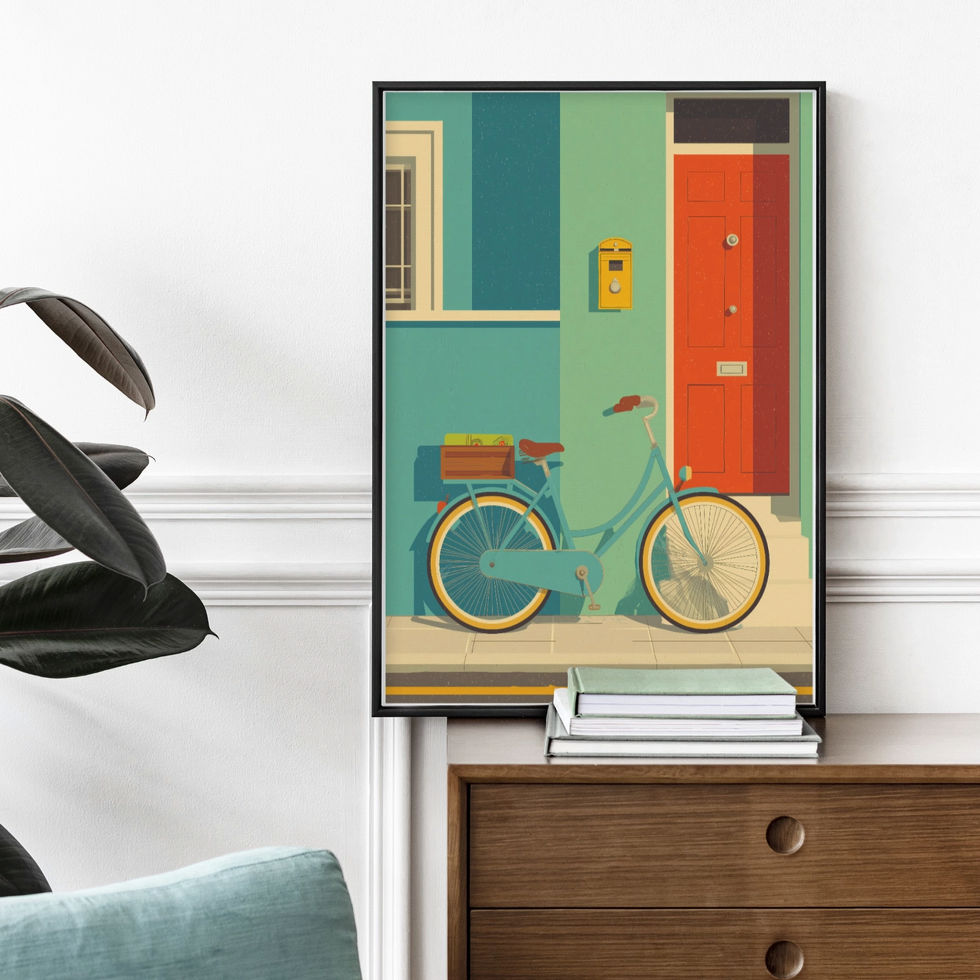 cycling wall poster with a city bike outside a colourful front door