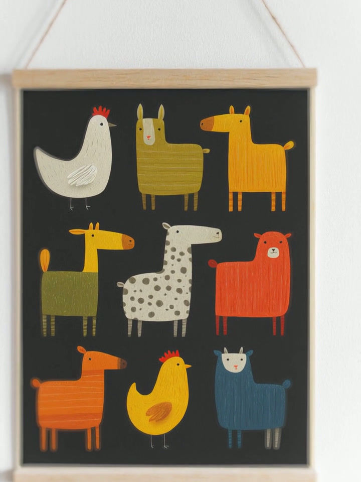 illustrated style modern farm animal print for kids nursery or playroom