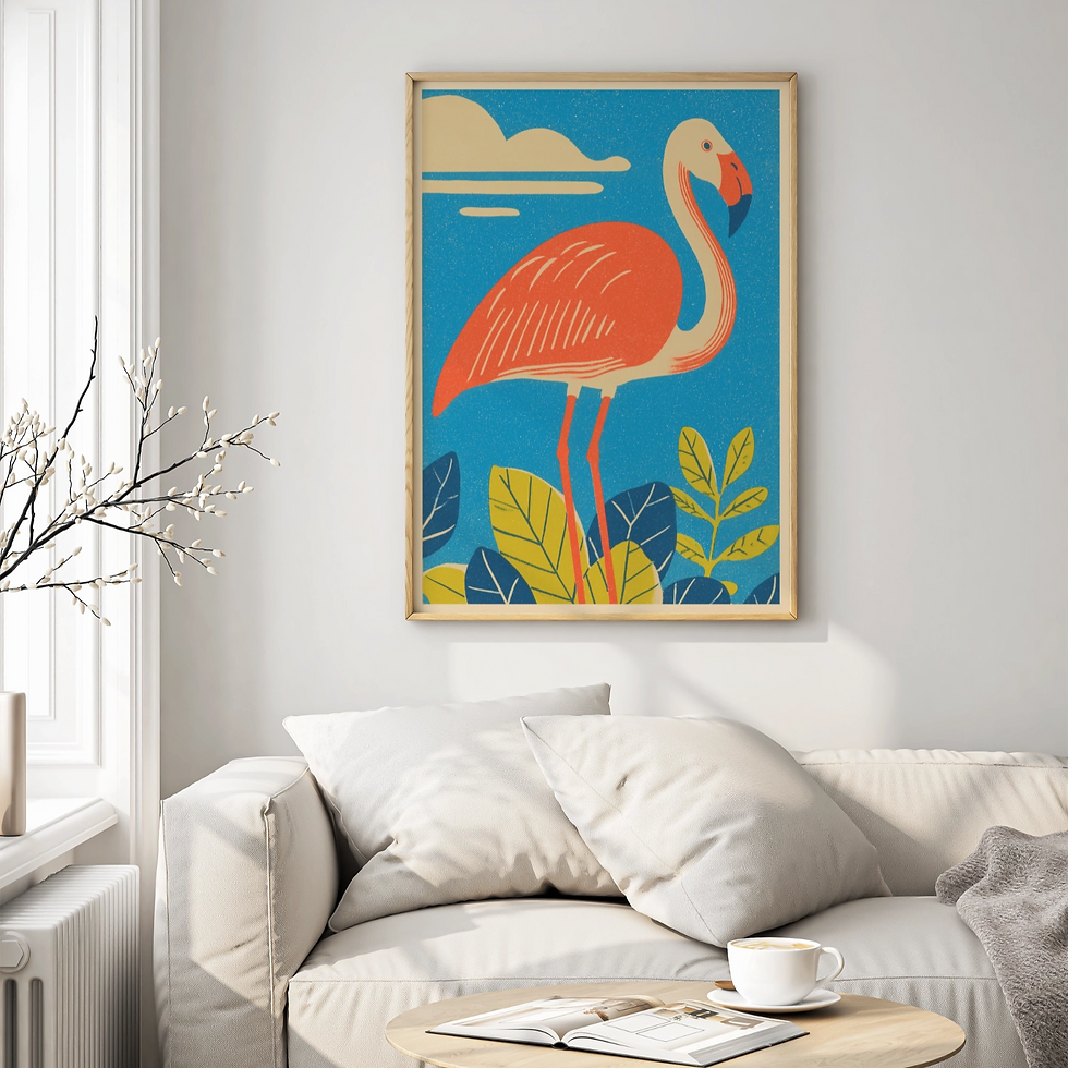 illustrated flamingo poster in bold colours, illustrated style poster print