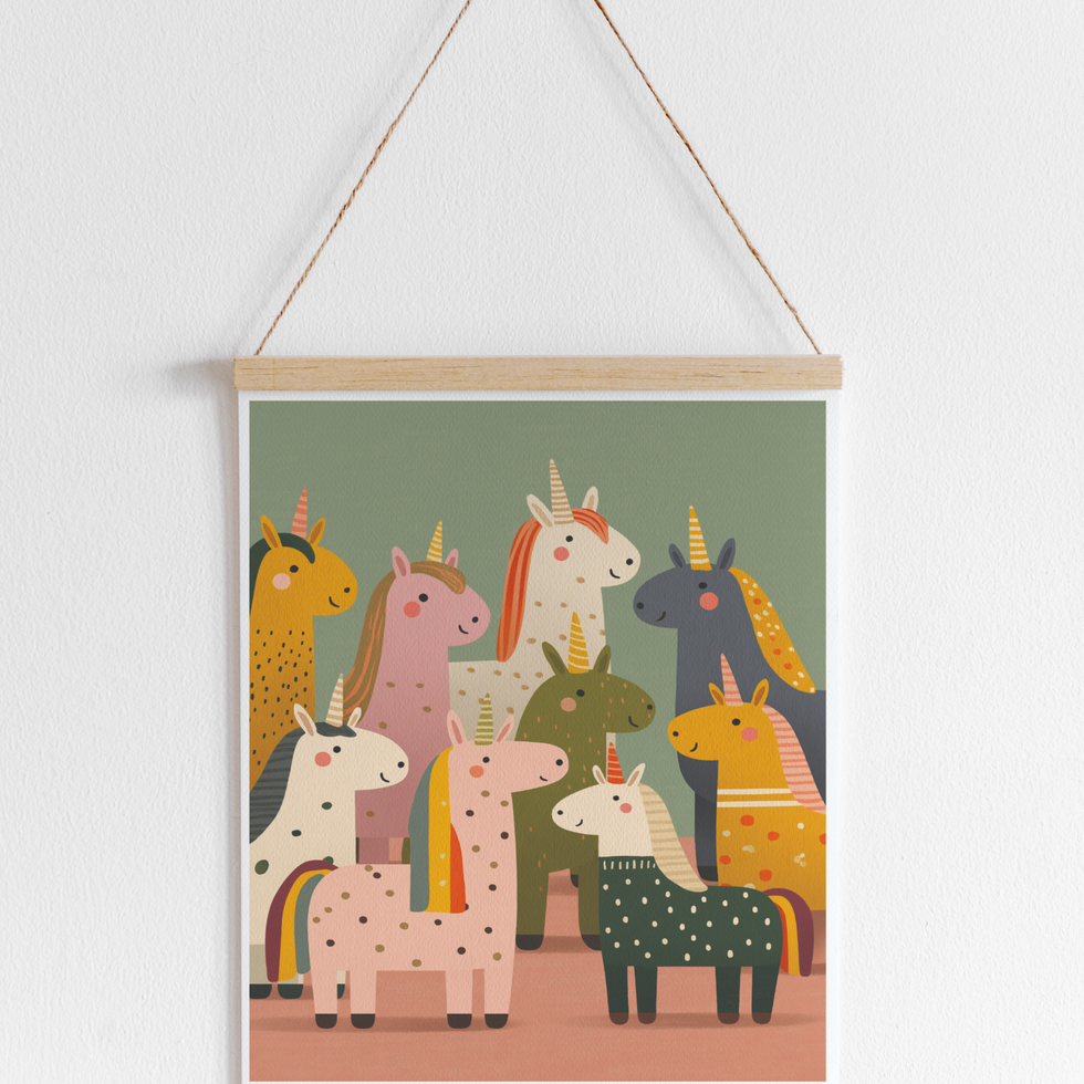 unicorn friends wall print, a mix of illustrated colourful unicorns wall art