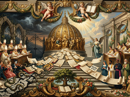 Une illustration allégorique détaillée visualisant la dialectique de l'interprétation du Concile Vatican II. Depuis la Basilique Saint-Pierre, un cascade de documents se sépare en deux voies.