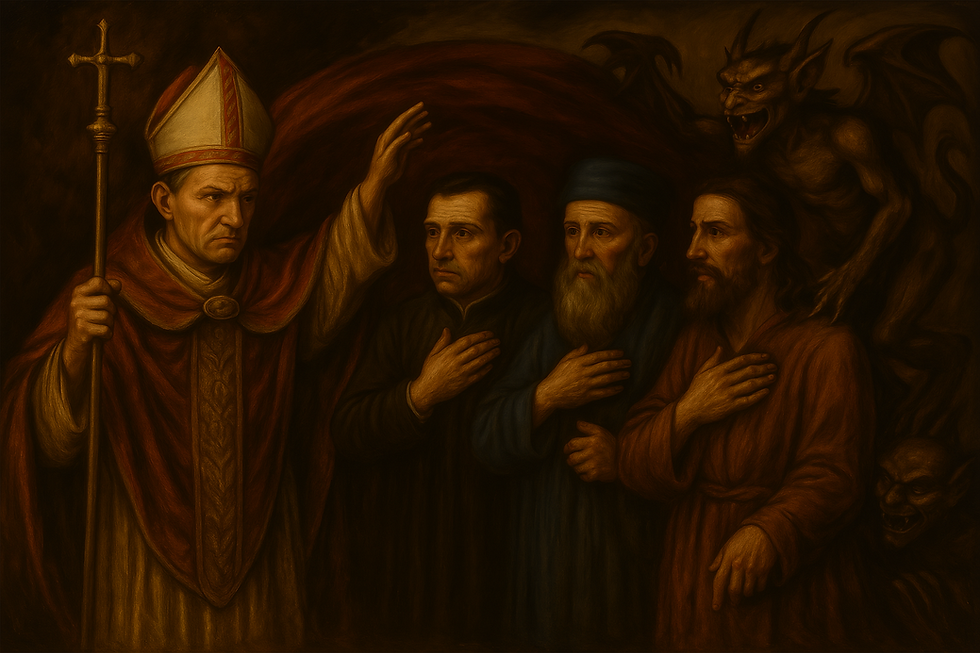 Illustration traditionnelle de style médiéval représentant un évêque catholique protégeant trois clercs chrétiens d'autres confessions sous son manteau, face à des démons menaçants. Cette œuvre symbolise la fonction de refuge et de protection exercée par l’Église catholique à travers l’histoire, y compris envers les traditions qui la contestent.