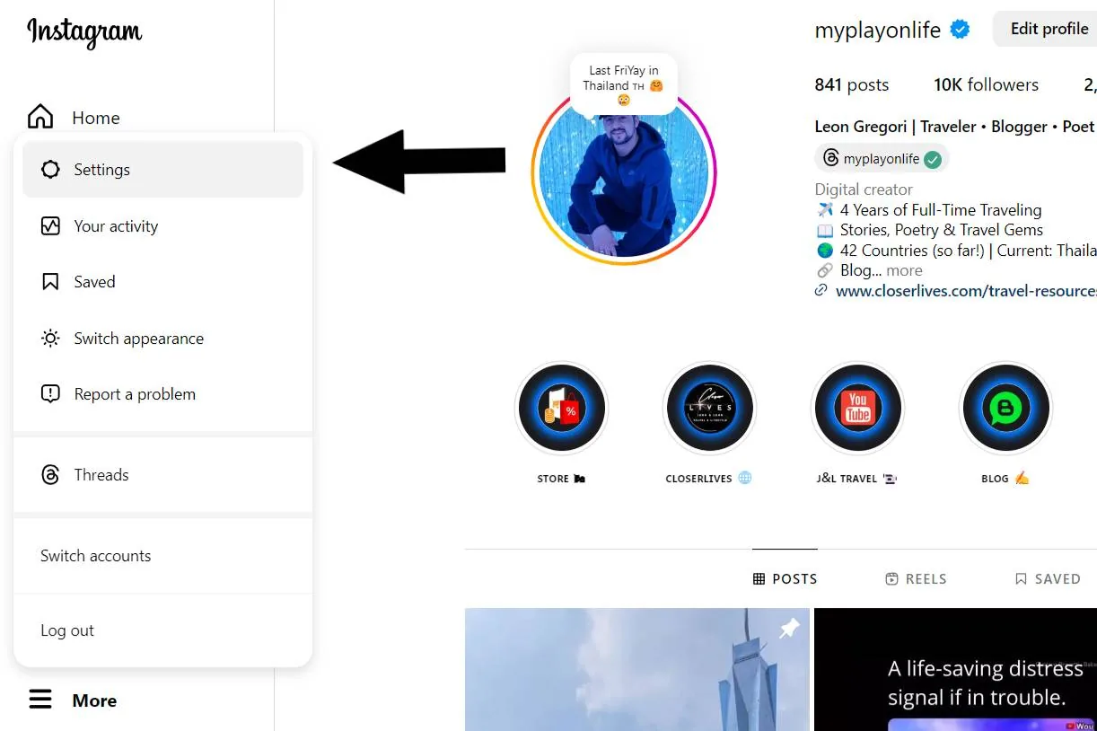 Instagram profile page with account details. A large arrow points to the profile picture. Various menu options like "Settings" and "Your activity" are visible on the left.