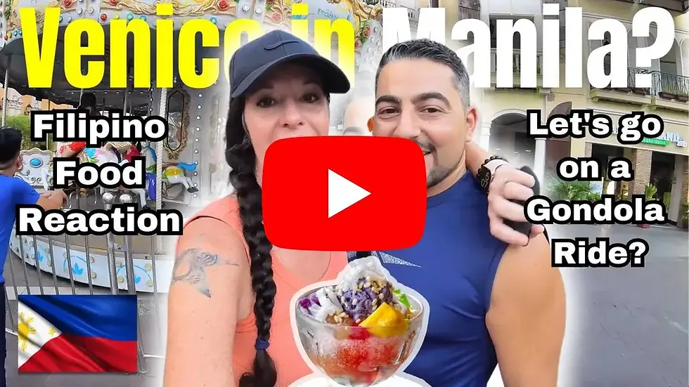 A couple smiles with a dessert, carousel in the background. Text: "Venice in Manila? Filipino Food Reaction" and "Let's go on a Gondola Ride?"