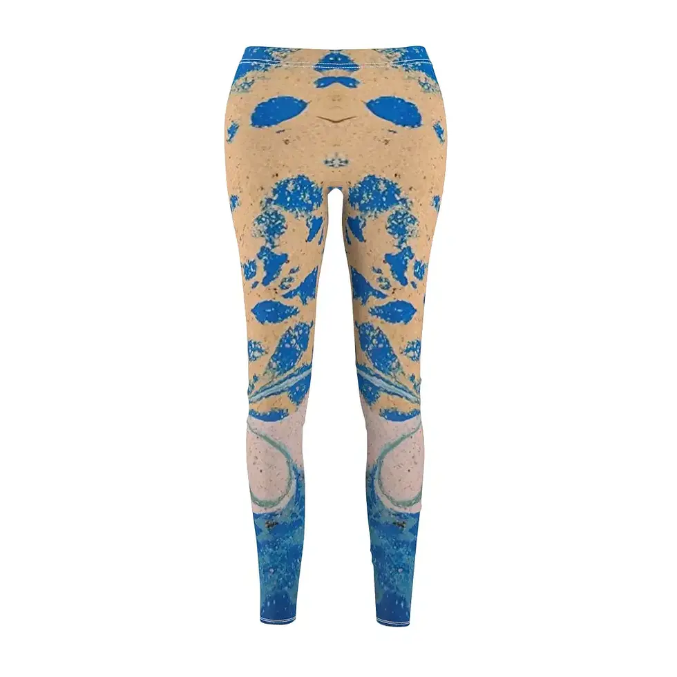 Thumbnail: Front view of blue and tan marble pattern leggings from the Mexican Tile Style collection.