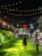 Crowded night scene at "Pub Street" with people walking under colorful lights and decorations. Neon signs and green lights create a lively mood.