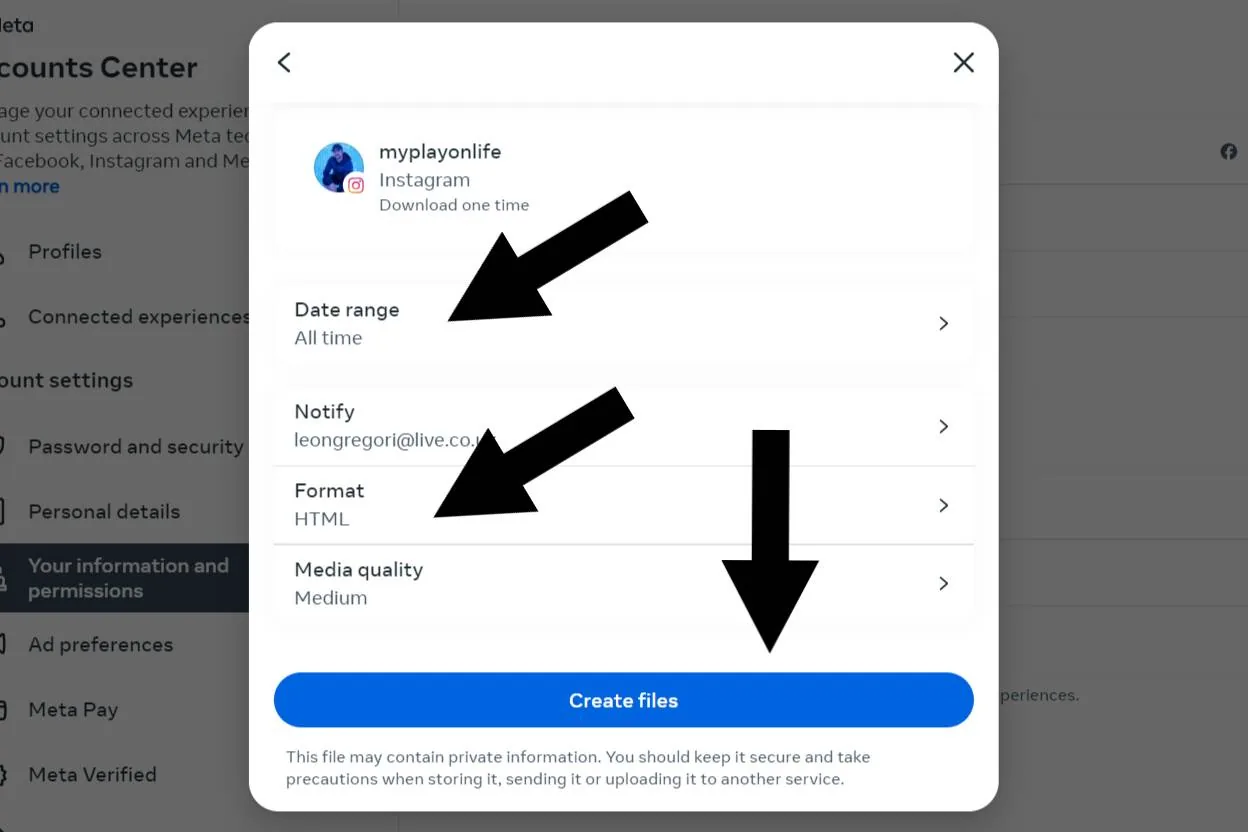 A settings menu displays options for data range, email notifications, format, and media quality, with arrows pointing at each. A blue button labeled "Create file" is at the bottom.