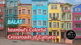 Colorful buildings in Balat, Istanbul, with vibrant facades in blue, orange, yellow. Text: "Balat: Istanbul's Colorful Crossroads of Cultures."