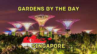 Colorful lit Supertrees at Gardens by the Bay, Singapore, against a night sky. Text: "GARDENS BY THE BAY" and "SINGAPORE."