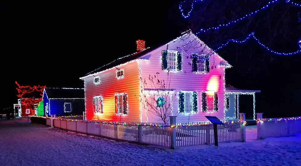 A house and its surroundings are decorated with colorful Christmas lights, including the roof, windows, and fence, against a dark night sky.