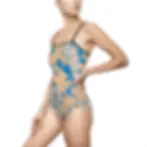 Thumbnail: Blue and beige marble pattern one-piece swimsuit from Mexican Tile Style collection front view.