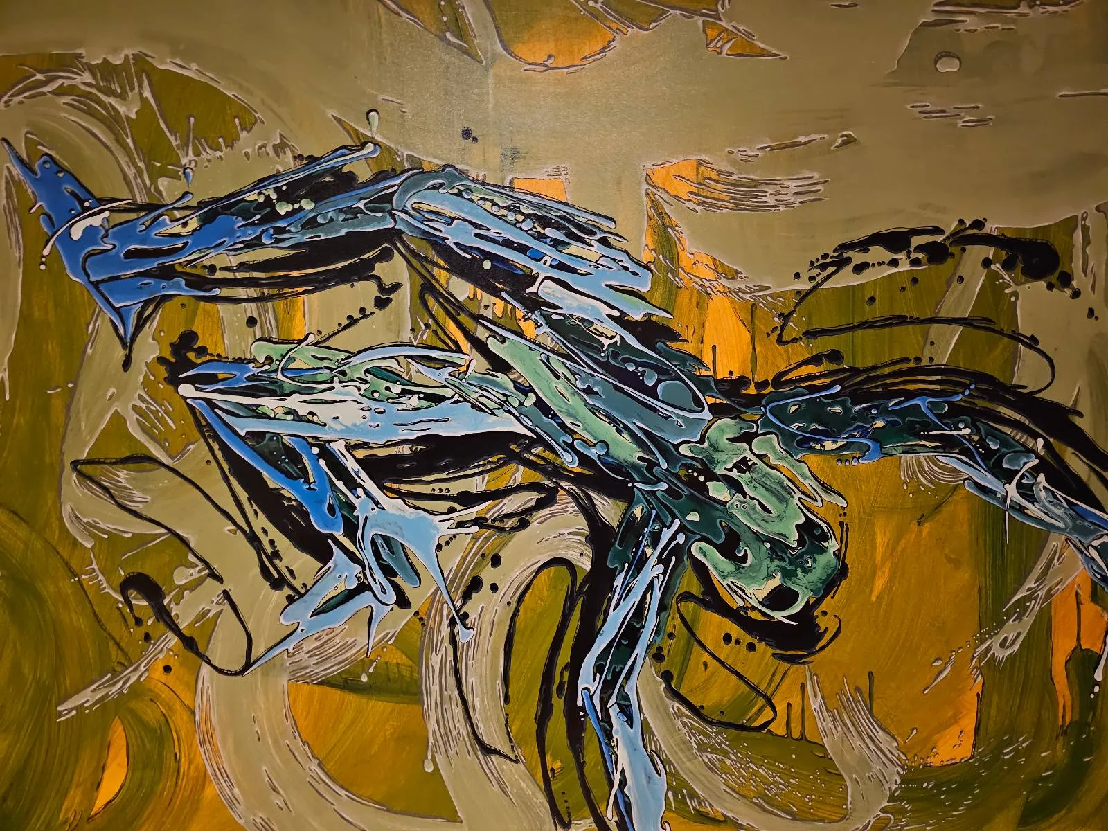 Abstract painting of a blue and green fish with bold, expressive brushstrokes, set against a swirling background of yellow, olive, and brown tones.