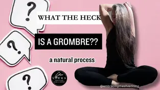 A woman sits cross-legged, touching her long gray-tinged hair, surrounded by speech bubbles with questions about "grombre," on a pink background.