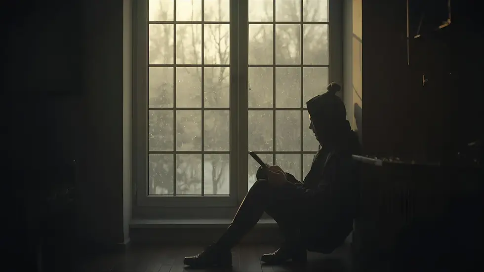A person sitting quietly by a window, reflecting during a moment of stillness.