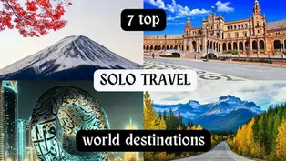 Collage of top solo travel destinations features a mountain, historic building, modern architecture, and a scenic road. Text reads: "7 top SOLO TRAVEL world destinations."