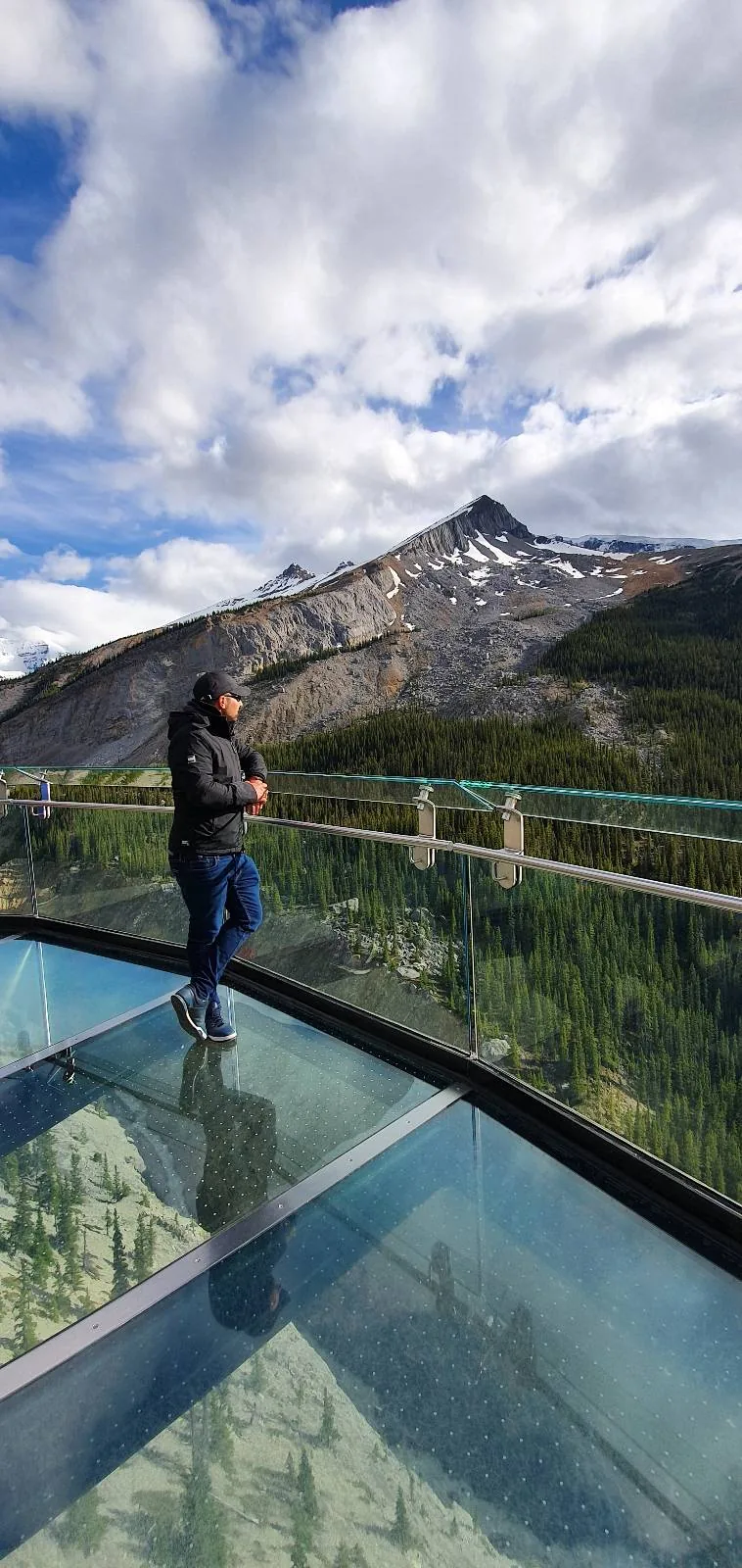 A person stands on a glass-bottom observation deck overlooking a scenic mountain landscape with snow-capped peaks, green forests, and a partly cloudy sky.