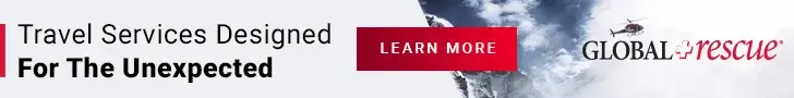 Global Rescue travel services banner with helicopter rescue imagery and learn more call to action.
