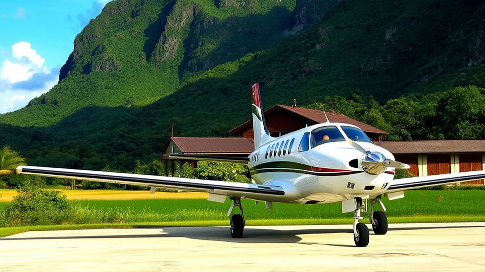 Small airplane parked on runway with lush green mountains and a building in the background. Vibrant blue sky with scattered clouds.