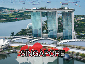 Aerial view of Marina Bay Sands in Singapore, with a map outline of Singapore and the word "SINGAPORE" in bold letters at the bottom of the image - a must-see place for any traveler.