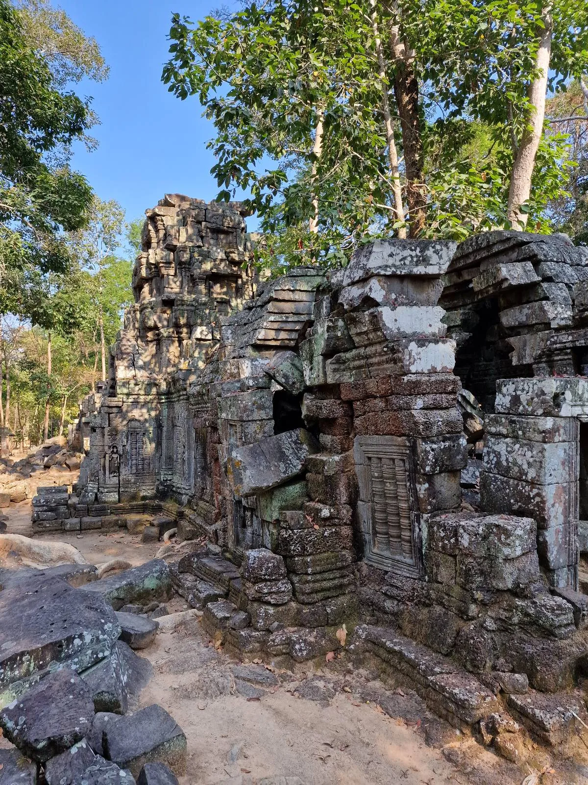 Ancient stone ruins with weathered walls and arched doorways sit surrounded by trees and greenery under a clear blue sky. Sunlight highlights the texture of the mossy stones.