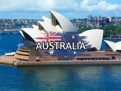 Sydney Opera House in the foreground, city buildings and harbor in the background, with an Australian flag and "AUSTRALIA" overlaid.